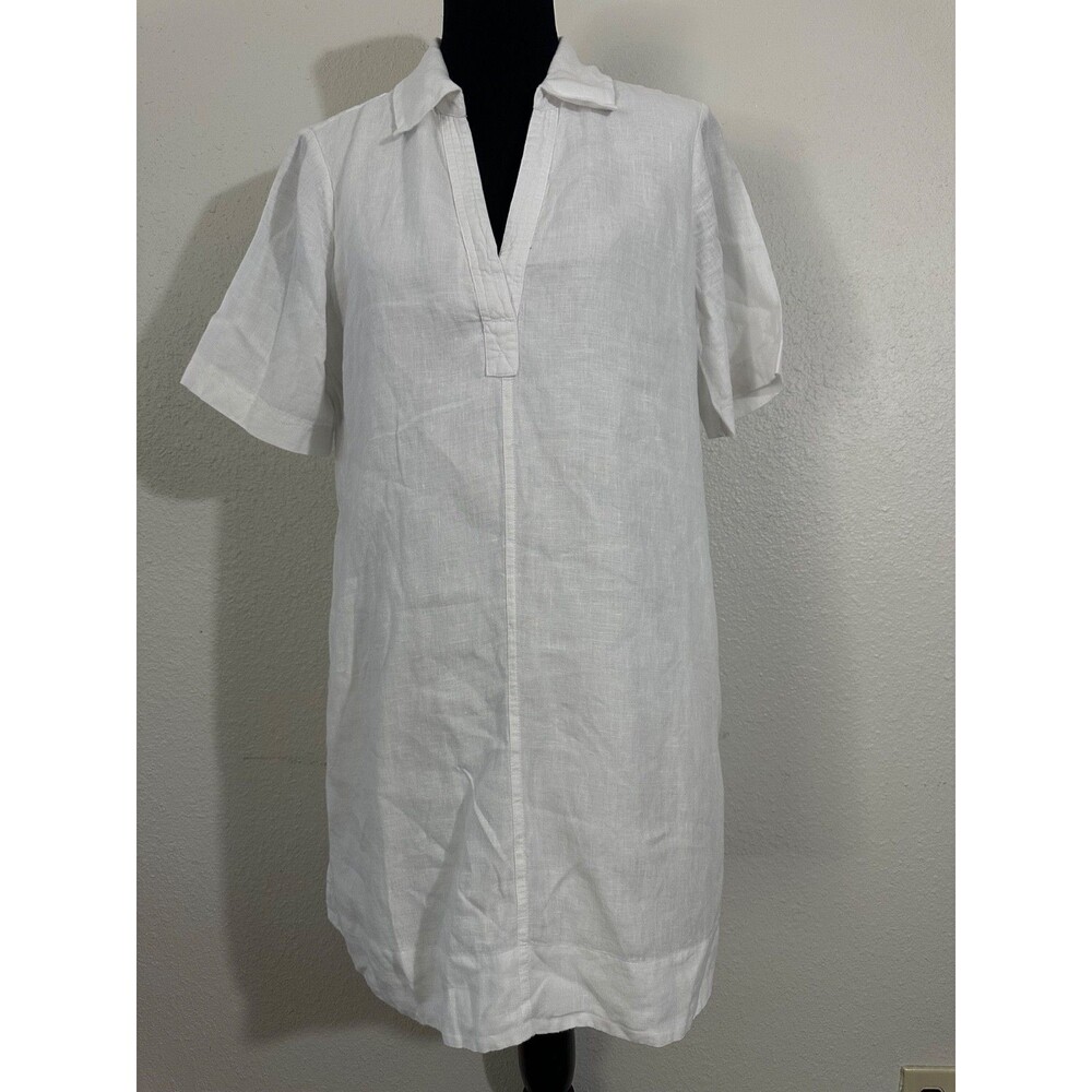 J.Crew White Linen Split V-Neck Shift Dress Short Sleeve with Pockets Size S